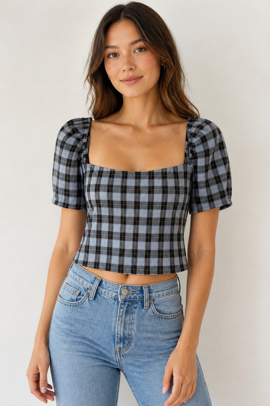 Lovers + Friends XS Plaid Puff Sleeve Square Top